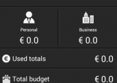 The main application screen indicates the current budget for the month, the spent amount, the remaining funds